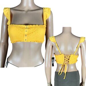 Yellow Smocked Ruffle Bikini Top NWT SMALL